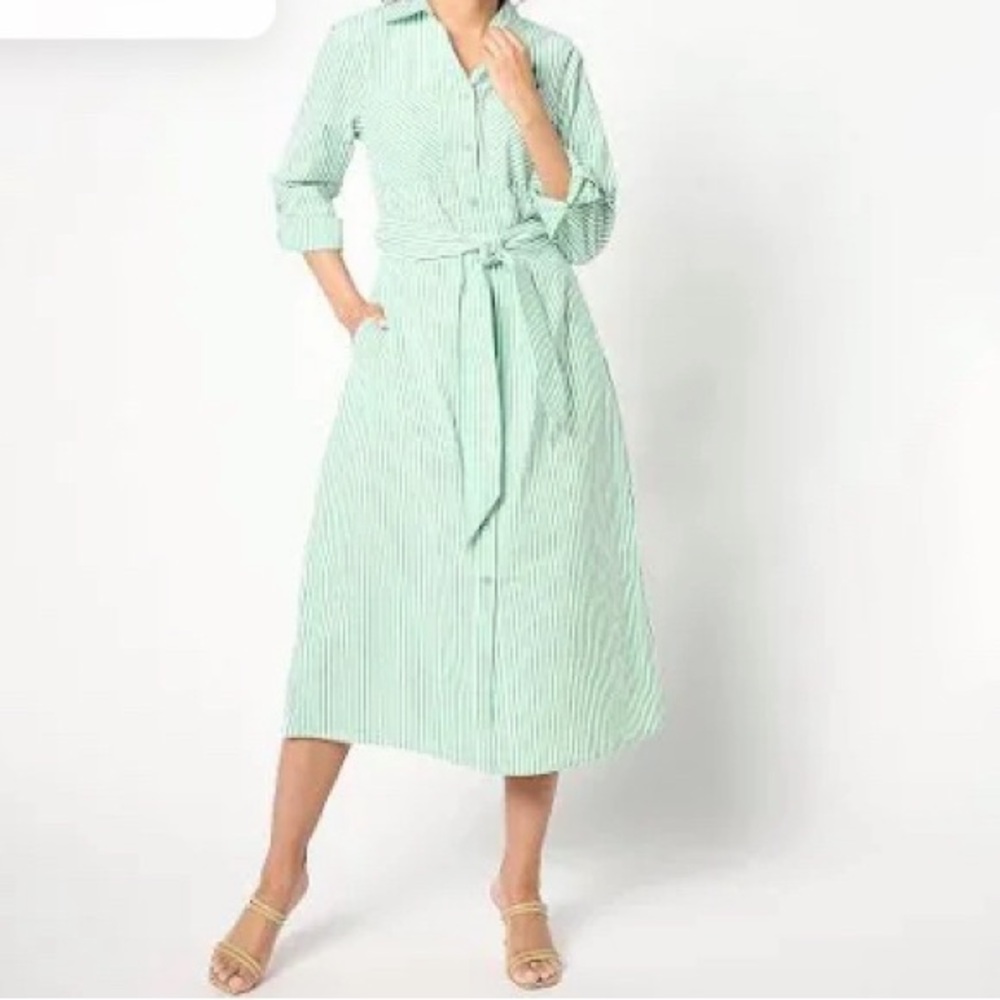 New Joan Rivers Seersucker Girlfriend Midi Dress with Belt Green Size XS